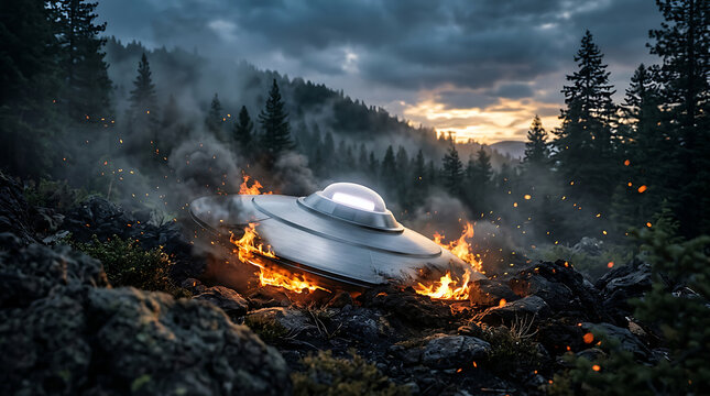 A crashed UFO burning on the rocky ground of a misty forest landscape at sunset