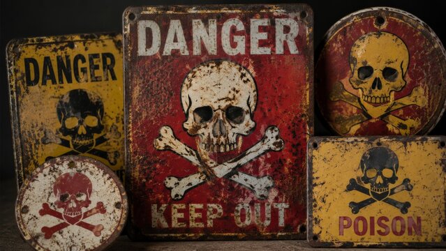 Collection of vintage metal danger and poison warning signs with skull and crossbones graphics displayed together featuring red and yellow aged enamel surfaces, underscoring the vintage