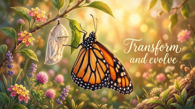 Monarch butterfly emerges from chrysalis in a vibrant garden, symbolizing transformation and evolution with soft bokeh lights.