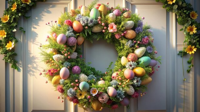 Wreath of flowers and easter door decoration