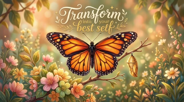Monarch butterfly emerges from chrysalis on a branch surrounded by blooming flowers, symbolizing transformation and self-improvement with inspiring te