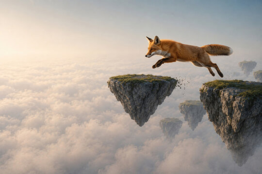 Red fox jumps between floating rocky islands above clouds. Space for text.