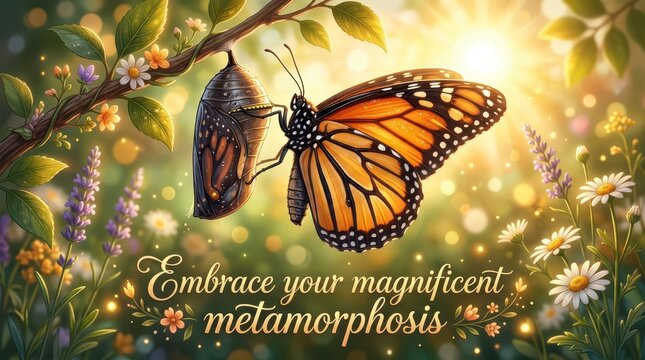 Monarch butterfly emerges from chrysalis in a vibrant, sunlit garden with wildflowers, symbolizing transformation and new beginnings