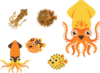 Obraz premium Cute cartoon squid and pufferfish vector characters set