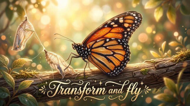 Monarch butterfly emerges from chrysalis on a branch, symbolizing transformation and new beginnings with soft bokeh lights