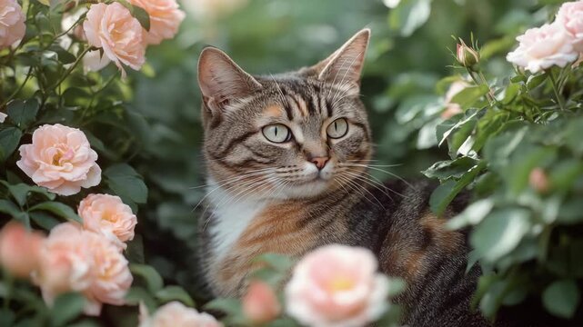 Curious Tabby Cat among Peach Roses in a Garden