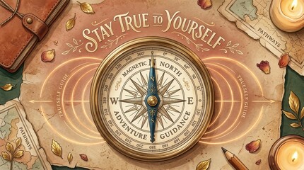 Fototapeta premium Retro compass, old maps, journal, and burning candles evoke themes of adventure, guidance, and staying true to oneself