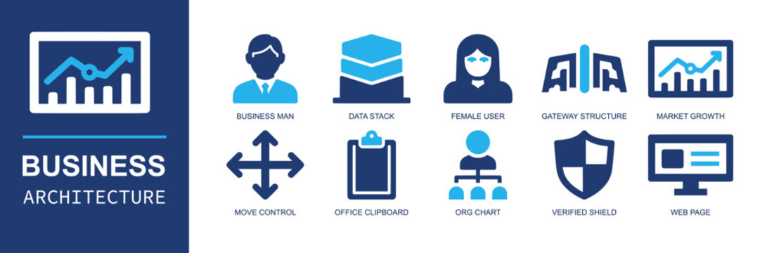 Business architecture icon set. Duotone flat vector icons of org chart, data stack, market growth, gateway structure and verified shield for enterprise strategy and organization concepts.