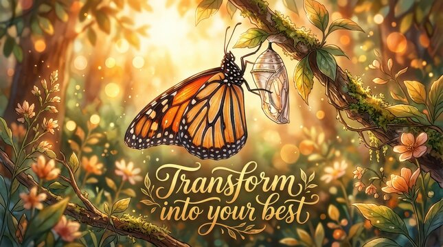 Monarch butterfly emerges from chrysalis on a mossy branch in a sun-dappled magical forest, inspiring transformation and growth.