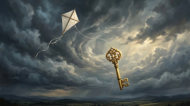 Unlock Your Dreams A Kite and a Golden Key Soaring Through Dramatic Stormy Skies