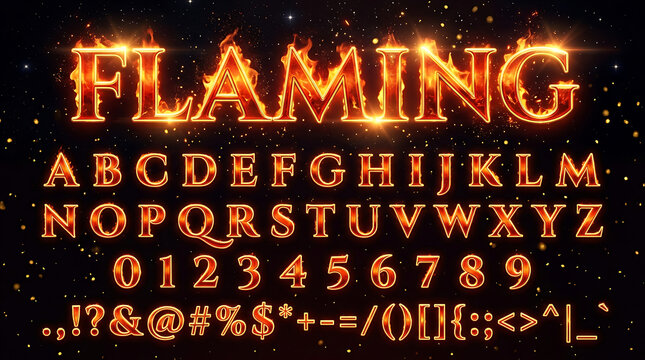 Fiery Alphabet and Numbers in Flames with Sparkling Effects - A Dynamic Typographic Design