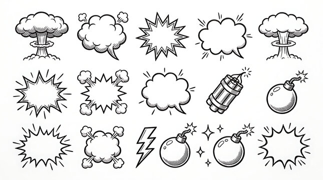 Vector comic book explosion speech bubbles and vintage bomb elements line art set