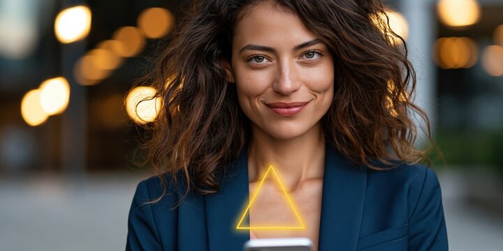 Smiling woman wearing blazer with illuminated triangle emblem