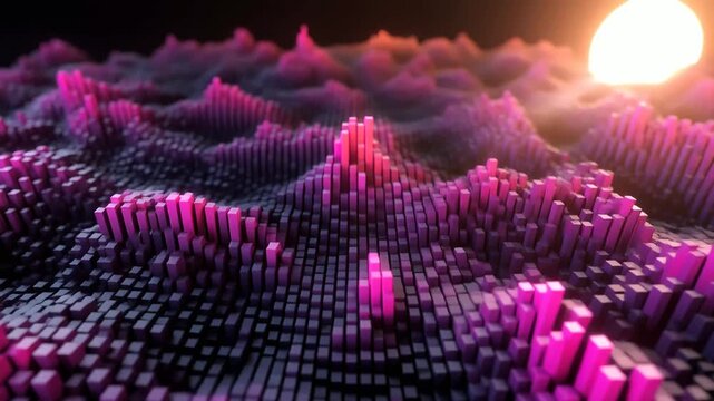 Abstract pixelated digital terrain glows under a bright artificial sun creating a futuristic landscape with deep magenta and dark violet tones.