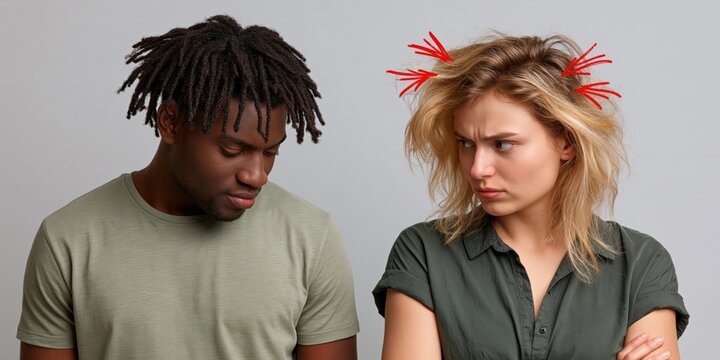 Couple showing disagreement in neutral studio setting