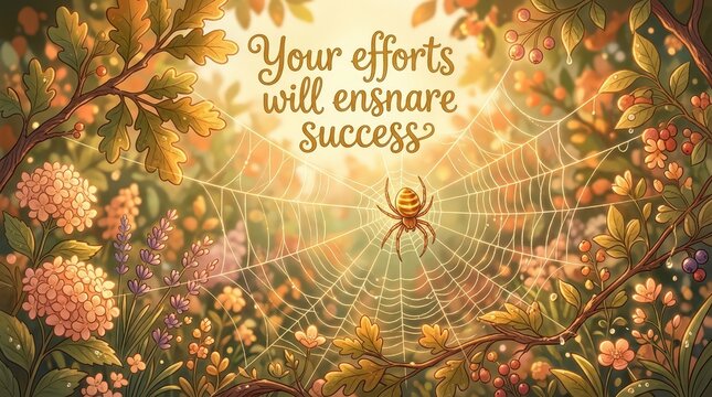 Spider on a web with inspirational text "Your efforts will ensnare Success" amidst a lush garden of flowers and autumn leaves, symbolizing achievement