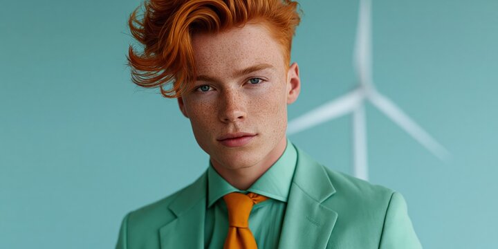 Redheaded teenager wearing mint suit portrait with turbine