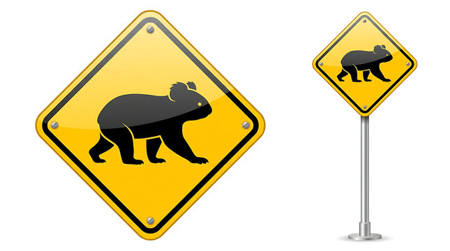 Yellow diamond Koala warning road sign for wildlife crossing and outback traffic safety alert