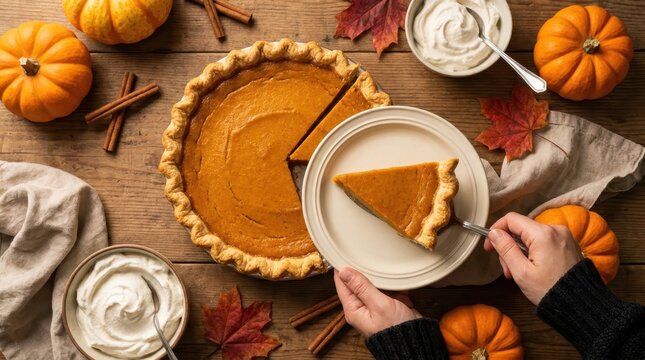 Person serving a slice of pumpkin pie on a rustic wooden table