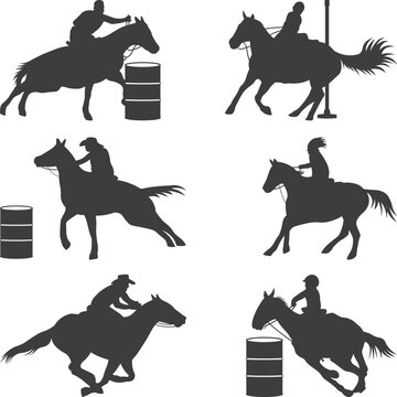 Barrel Racing set Silhouette, Pole Bending Horse Silhouette Collection, Rodeo cowgirl svg vector elements illustration