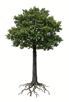 Mature Myrtle Beech tree, elegant straight trunk with dense glossy evergreen foliage and exposed roots, full tree visible, 23 ratio, isolated on seamless pure white background,