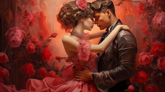 Romantic couple embracing in a floral setting for Valentine's Day  