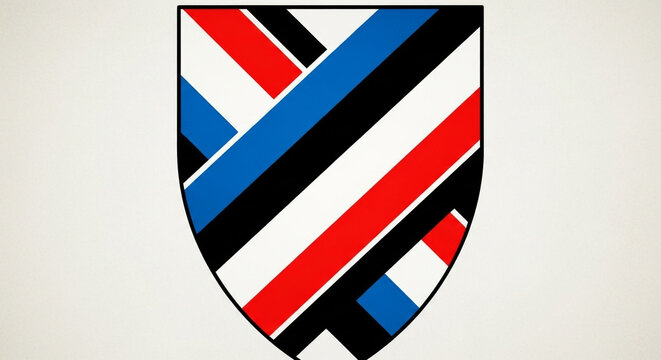 A vibrant heraldic shield featuring an intricate geometric pattern composed of bold diagonal stripes in striking shades of red, blue, black, and white displaying traditional heritage