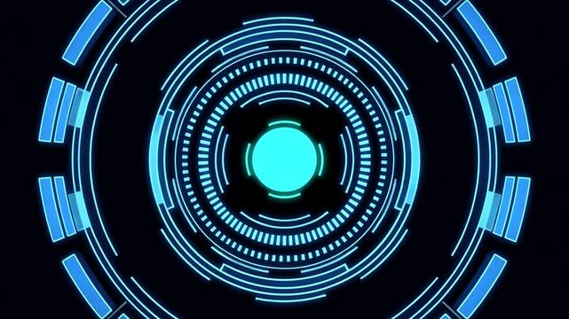 Digital HUD interface featuring complex rotating concentric rings and futuristic target patterns glowing brightly in cyan against a black background.