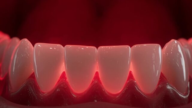 Human Teeth glowing red in cinematic motion with dramatic lighting concept for dental care advertising