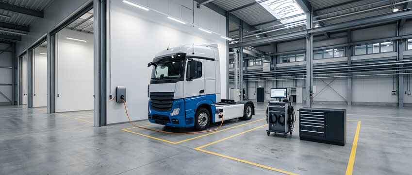 Elektrische Sattelzugmaschine in kombinierter Lade- und Wartungsbucht