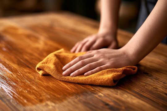Hands polishing wooden table surface with cloth