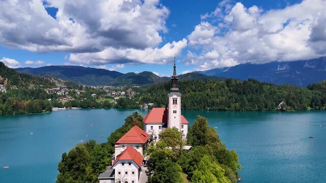 Bled, Slovenia - August 08, 2026: Lake Bled in Slovenia. Bled lake and island with Pilgrimage Church of the Assumption of Maria.