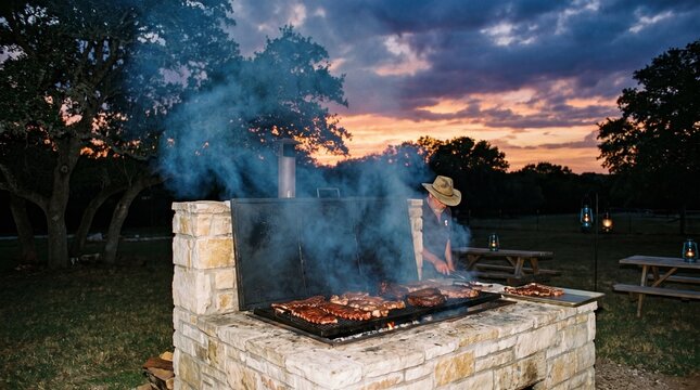 Stone barbecue pit with cooking meat and smoke at sunset