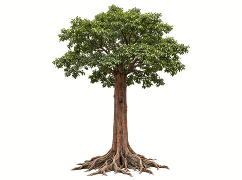 Mature Red Meranti tree, towering straight trunk with broad dense tropical canopy, exposed large root system, full tree visible, 43 ratio, isolated on seamless pure white background