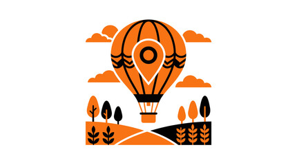 Fototapeta premium Hot air balloon with location pin over landscape