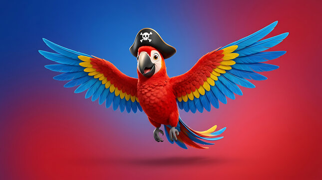 Colorful Tropical Pirate Macaw Bird with Classic Skull and Crossbones Hat Soaring in Flight Illustration