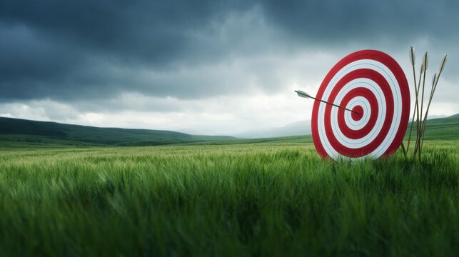 A red and white target set against a vast green field under a moody sky