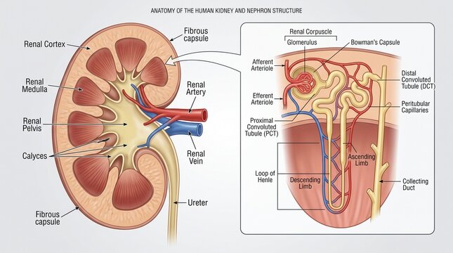 Anatomy of the human kidney and nephron structure detailed vector illustration
