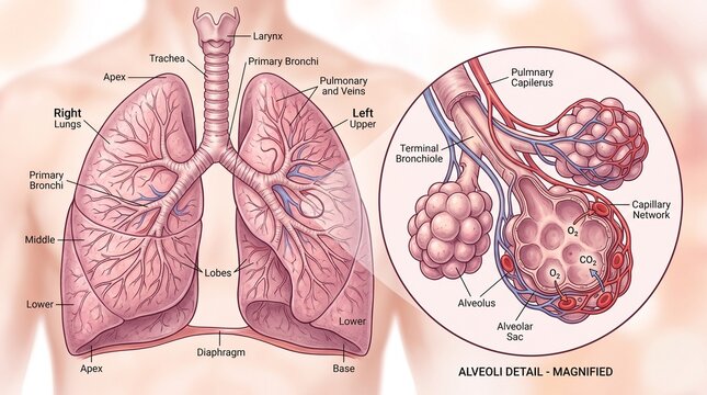 Anatomical illustration of human lungs with labeled bronchial structures and alveoli