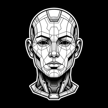 Stylized robotic head illustration featuring intricate geometric line work and dot shading against solid black background