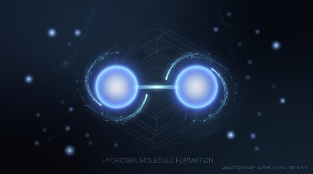 Hydrogen molecule formation depicted as glowing spheres with connecting arcs