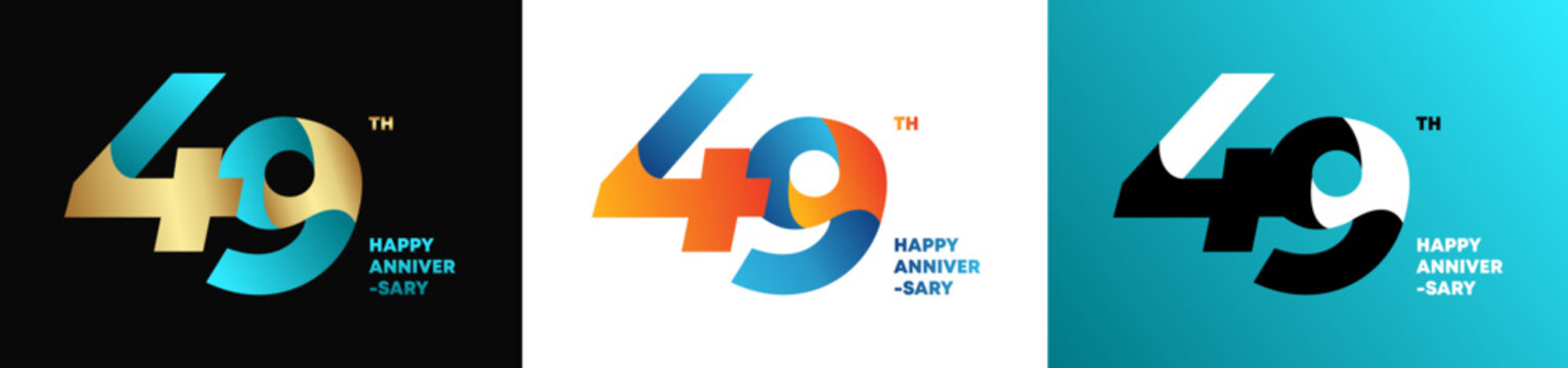 49th happy anniversary typography logo collection with modern gradient design on black, white and blue gradient backgrounds. Editable color and vector.
