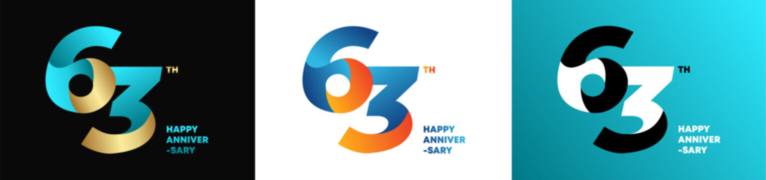63rd happy anniversary typography logo collection with modern gradient design on black, white and blue gradient backgrounds. Editable color and vector.