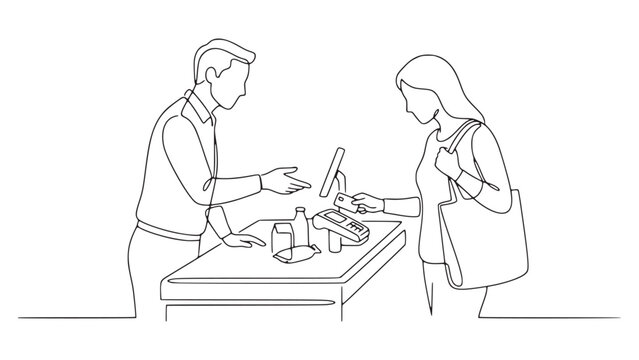 Continuous line of a customer paying with a credit card at a checkout counter, isolated on a white background