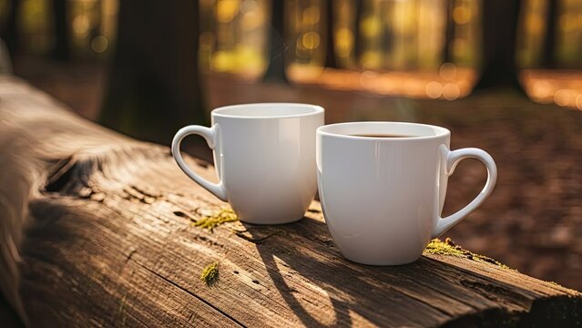 Two coffee mugs on log in sunny autumn forest.