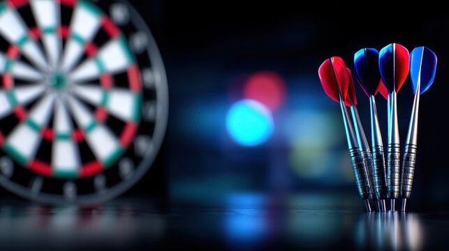 Darts with vibrant flights poised beside a dartboard in a softly blurred background