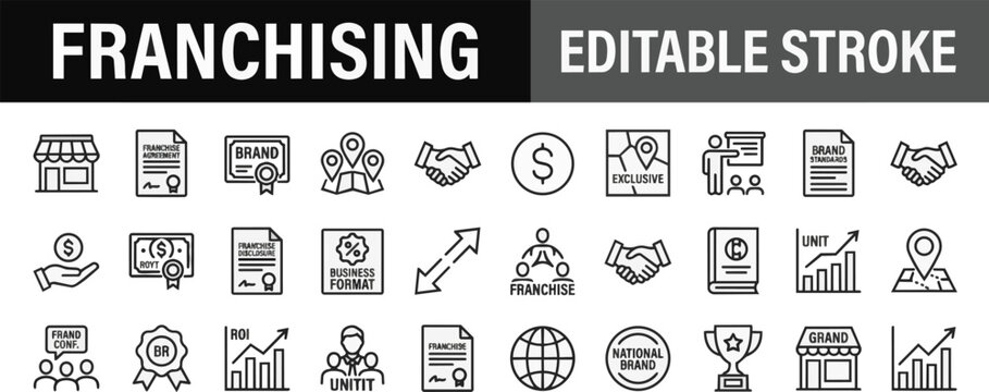 Franchising business with icons representing franchising on transparent background Editable Stroke.