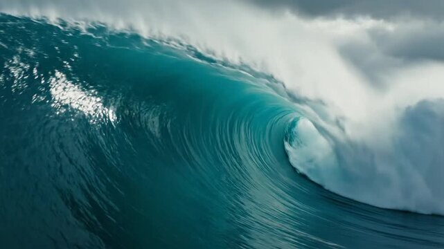 Massive blue ocean wave breaking under dramatic sunbeams