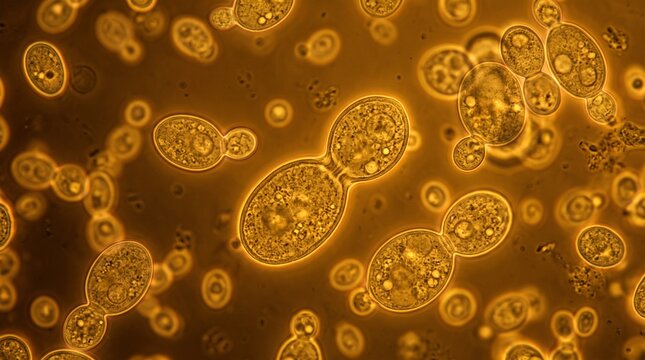 Microscopic view of budding yeast cells in a golden brown solution