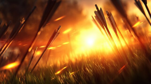 Sunlight filters through arrow-shaped blades, illuminating a vibrant golden field at dusk